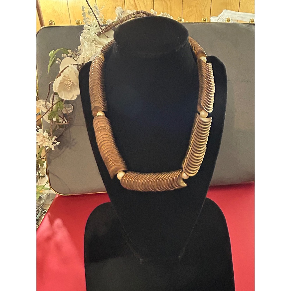 Vintage Bronze Tone Ribbed Statement Necklace Faux Pearl Accents 18in